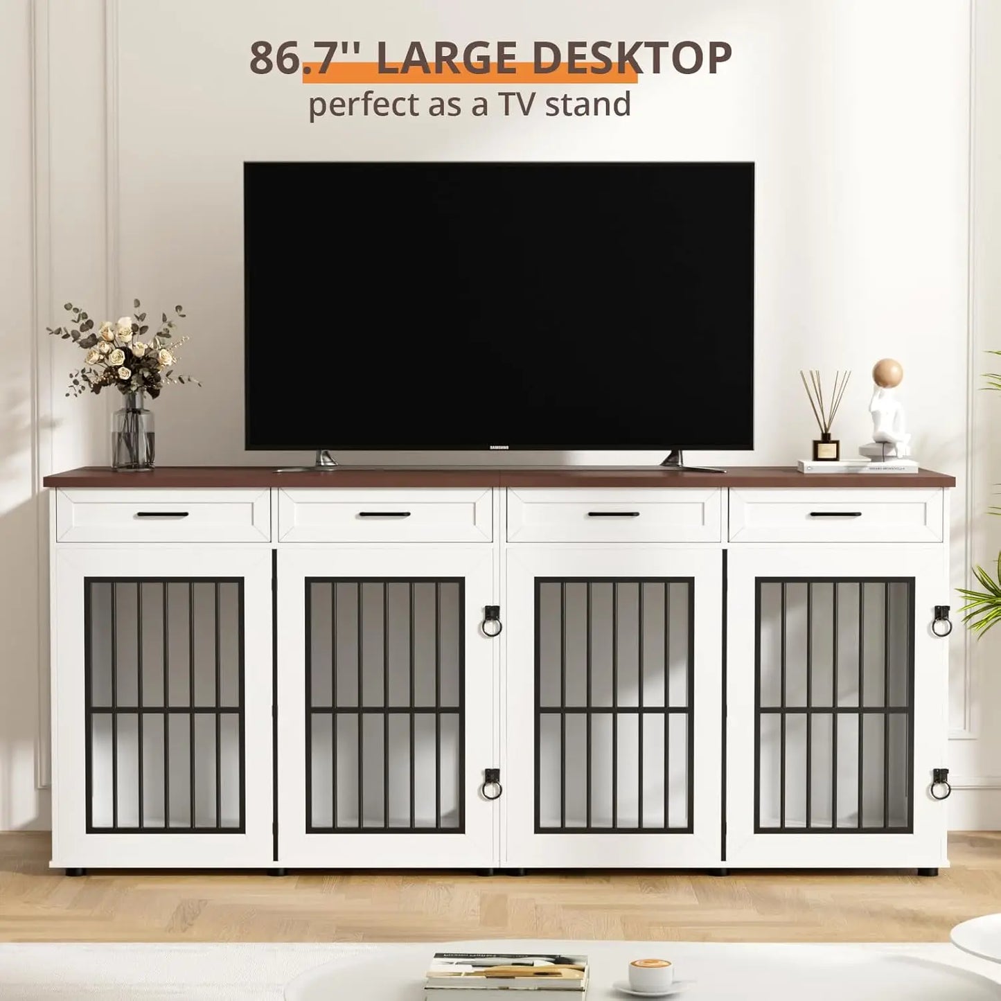 Transform your space with this extra‑large 86.7" double dog crate furniture — a stylish wooden kennel that doubles as a modern TV stand. Built for two large dogs, it features a removable divider, heavy‑duty construction
