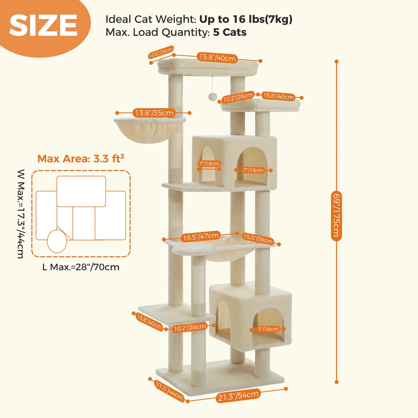 Sturdy Multi-Level Cat Tree Tower with Hammock, Condo & Perch