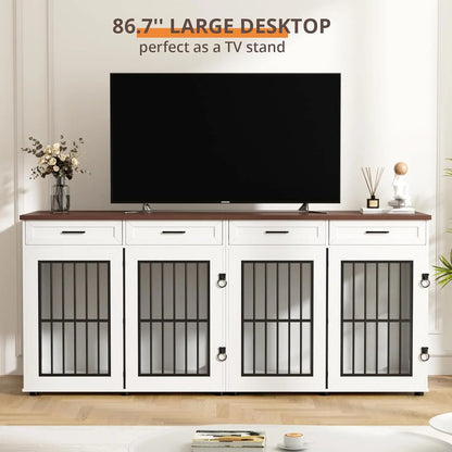 Transform your space with this extra‑large 86.7" double dog crate furniture — a stylish wooden kennel that doubles as a modern TV stand. Built for two large dogs, it features a removable divider, heavy‑duty construction