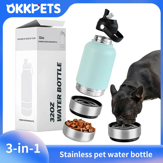 32Oz Portable 3 in 1 Pet Water Bottle Stainless Steel Pet Feeder Travel Outdoor