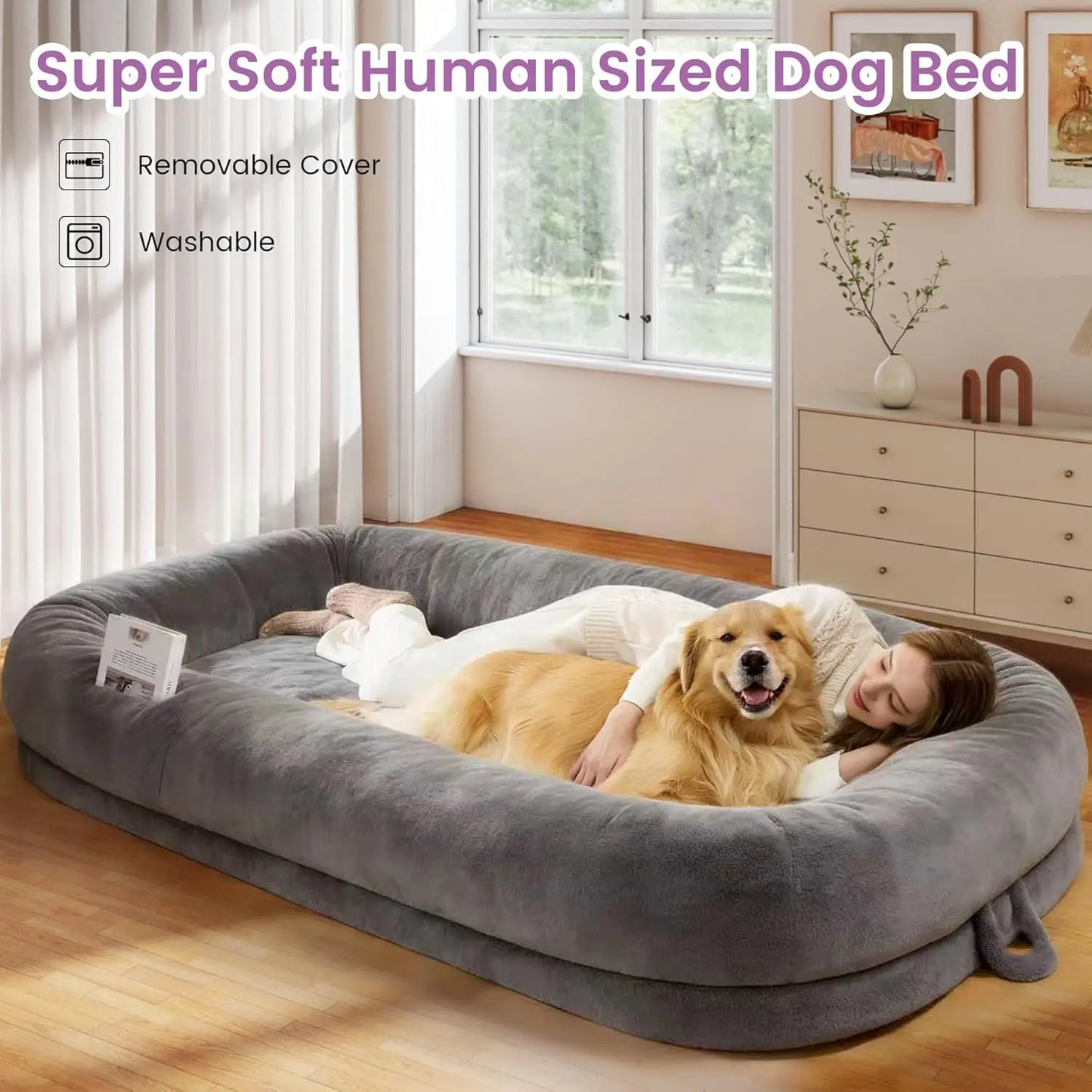 Stretch out, snuggle in, and relax with your pet on this oversized 71x43x10 inch orthopedic human dog bed. The thick supportive foam cushions every inch, while the waterproof, washable light‑grey cover keeps it fresh and st