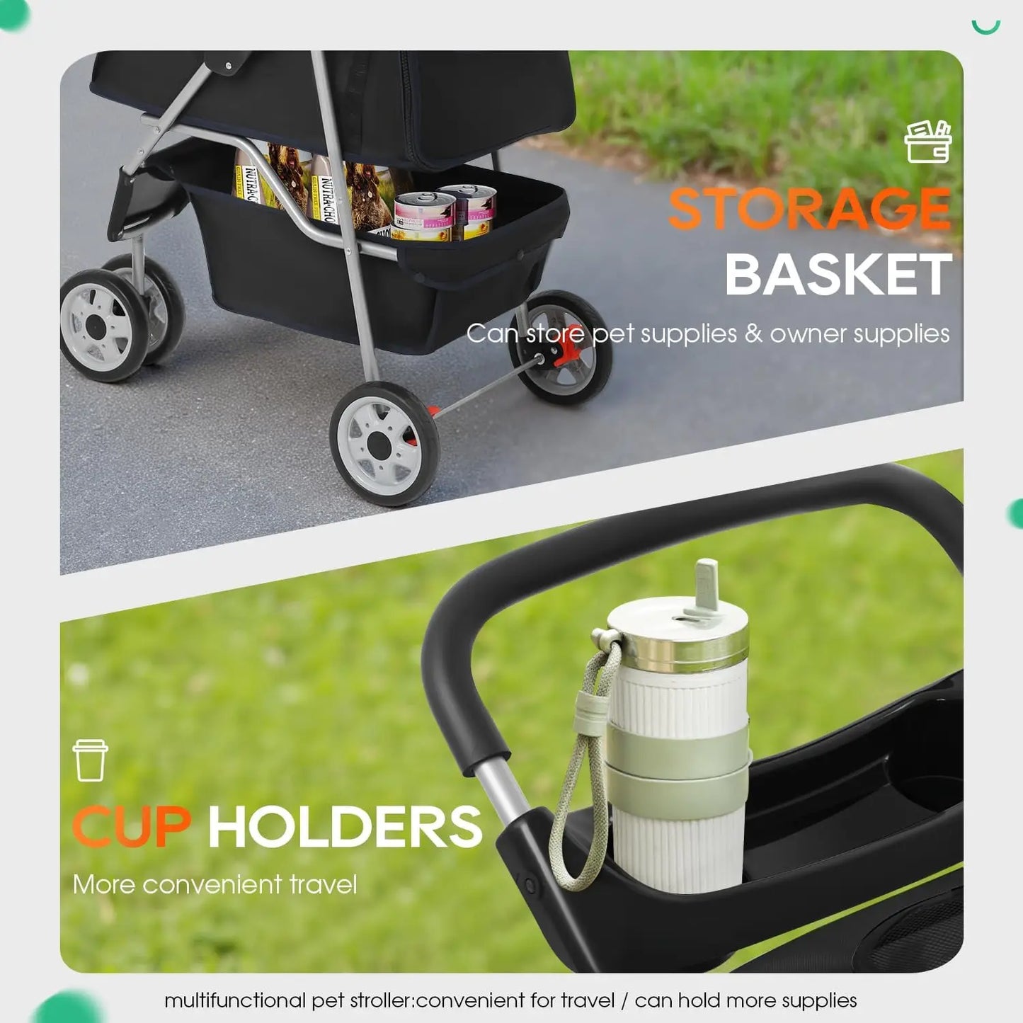 Pet Stroller with Mesh Windows & Storage
