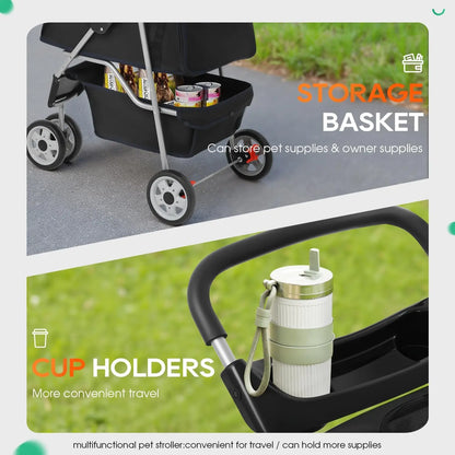 Pet Stroller with Mesh Windows & Storage