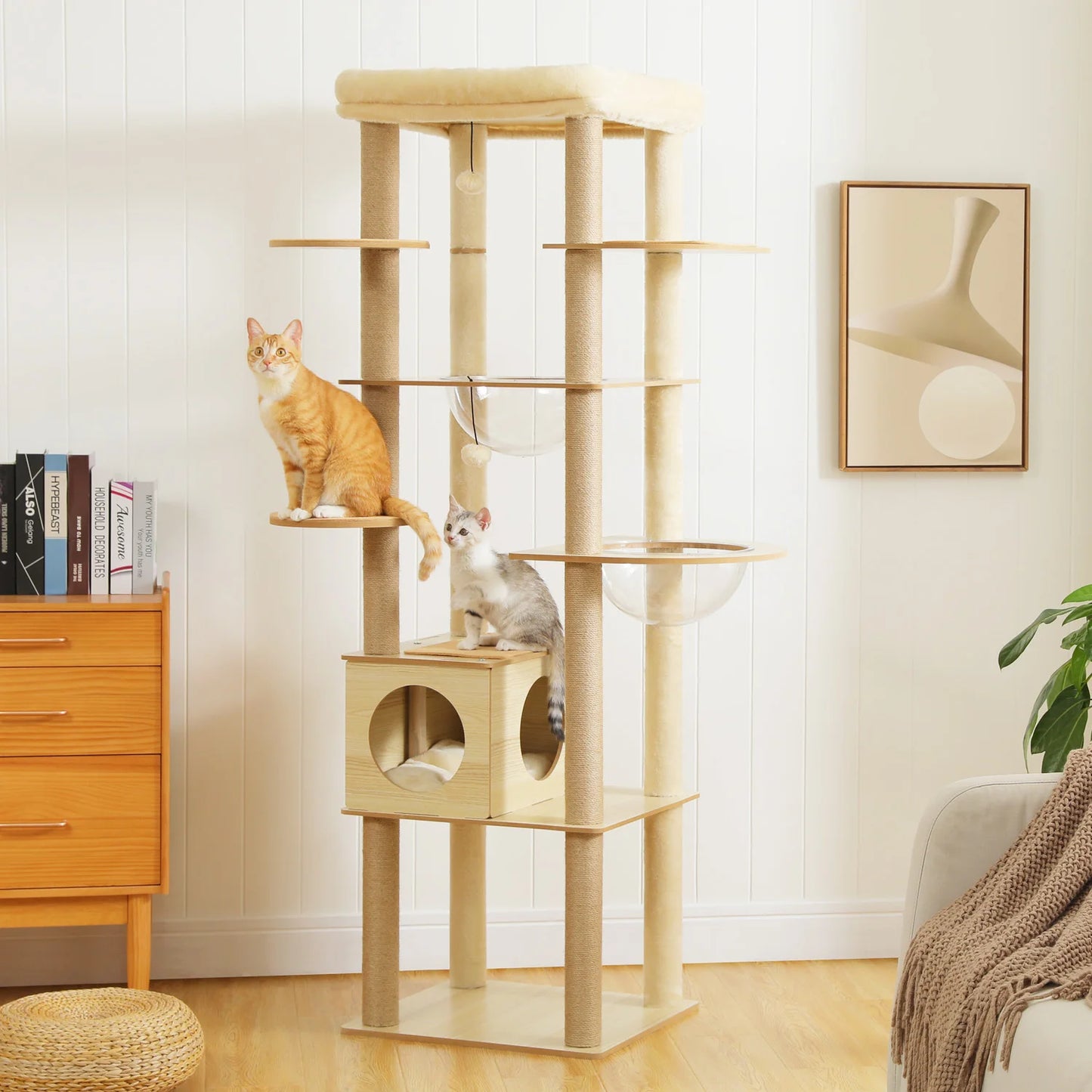 Stylish wood cat tower with scratching posts and cozy condo.