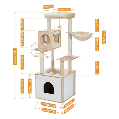 Stylish wood cat tower with scratching posts and cozy condo.