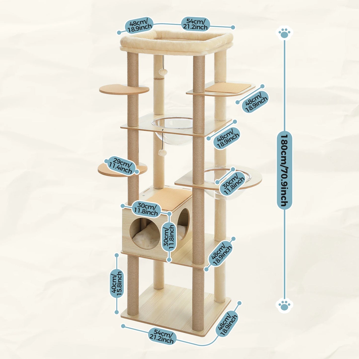 Stylish wood cat tower with scratching posts and cozy condo.