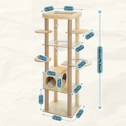 Stylish wood cat tower with scratching posts and cozy condo.