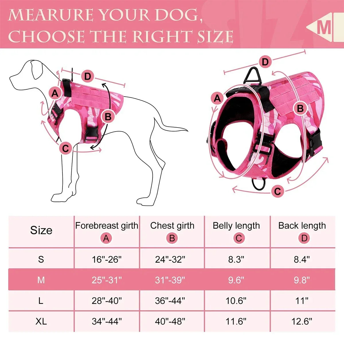 Service Dog Tactical Harness with Hook‑and‑Loop Panels, Military‑Style Pink Dog Harness with Patches.