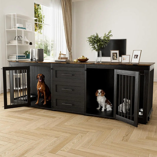 Upgrade your home with this 94.5" double‑kennel dog crate furniture — built for large dogs and designed to blend beautifully with your space. This heavy, premium wooden unit features two spacious kennels, four built‑in