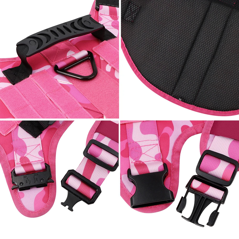 Heavy‑Duty Pink Camo Dog Harness with Control Handle, Pink Military Dog Harness Set – Training, Walking, Hunting.