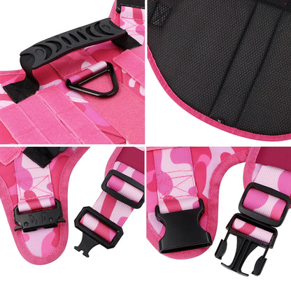 Heavy‑Duty Pink Camo Dog Harness with Control Handle, Pink Military Dog Harness Set – Training, Walking, Hunting.