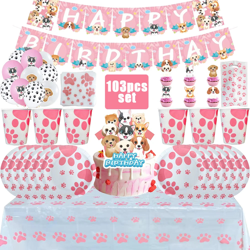 Disposable Tableware, Gift Bags, Backdrop, Cake Topper, Banner & Plates for Girl’s Puppy Party