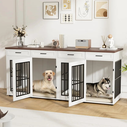 Transform your space with this extra‑large 86.7" double dog crate furniture — a stylish wooden kennel that doubles as a modern TV stand. Built for two large dogs, it features a removable divider, heavy‑duty construction