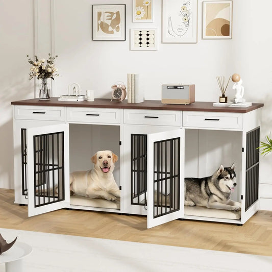 Transform your space with this extra‑large 86.7" double dog crate furniture — a stylish wooden kennel that doubles as a modern TV stand. Built for two large dogs, it features a removable divider, heavy‑duty construction
