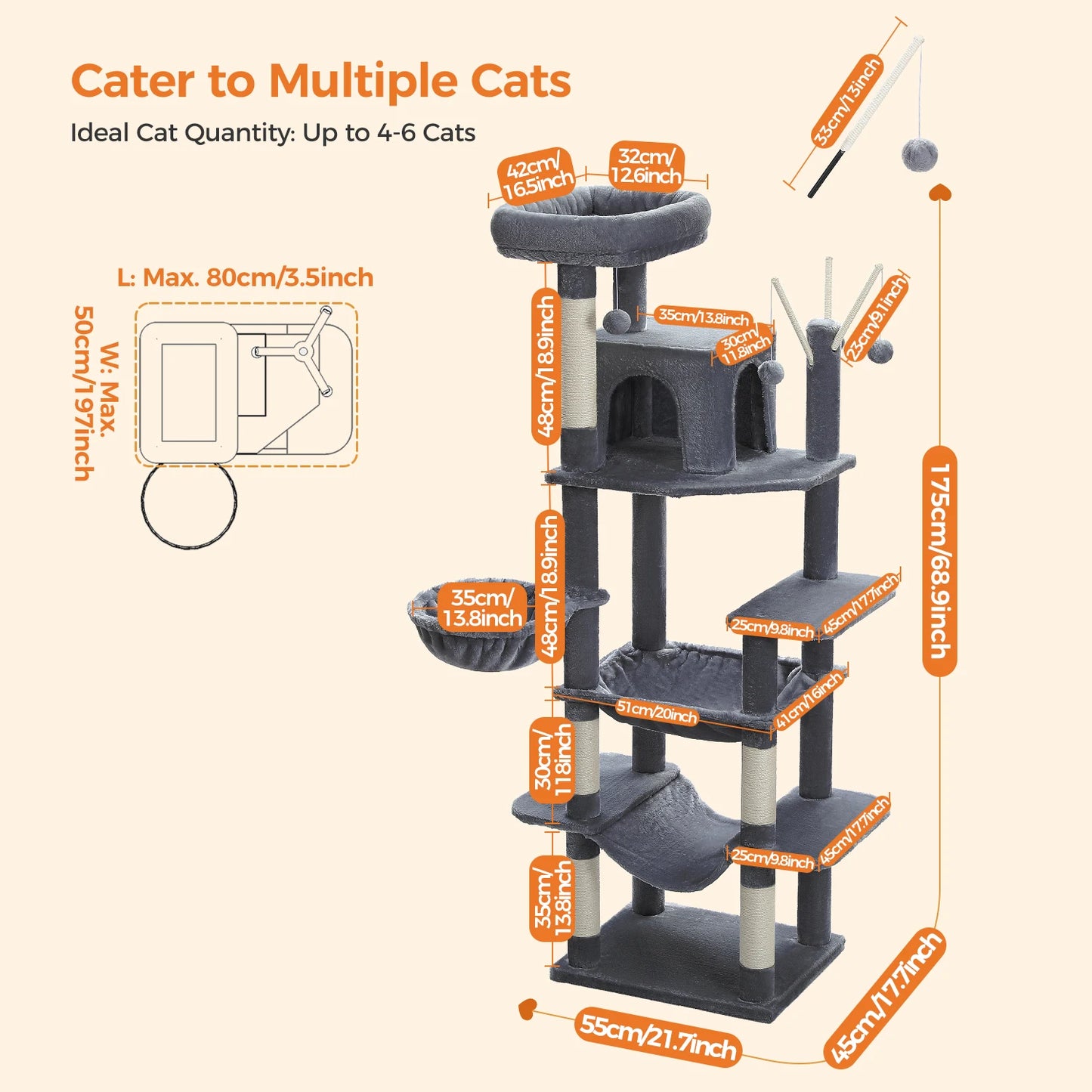 Sturdy Multi-Level Cat Tree Tower with Hammock, Condo & Perch