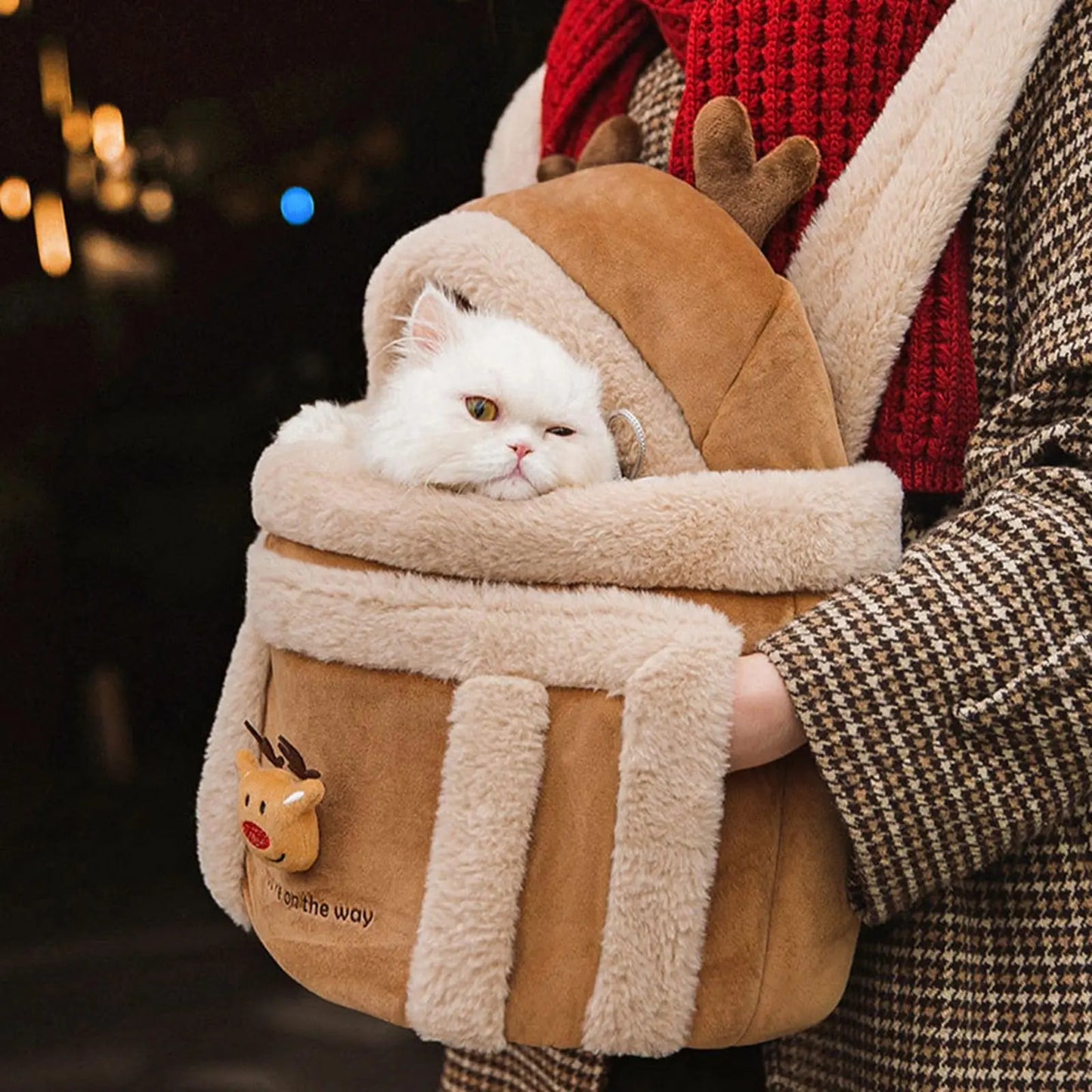 Warm Winter Cat Carrier Backpack – Soft Sherpa Bubble Bag for Small Pets, Holiday Gift