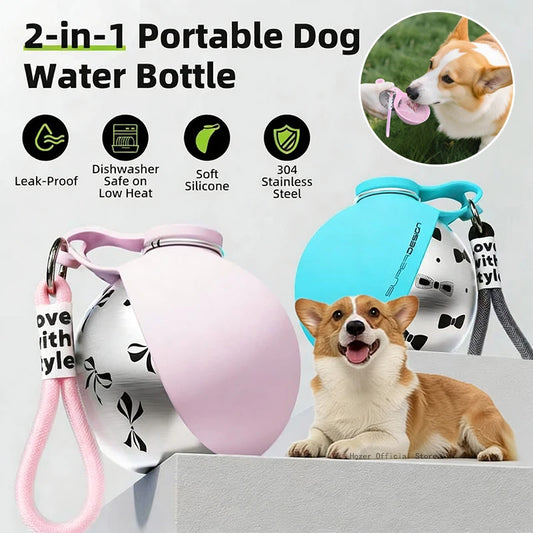2‑in‑1 Portable Dog Water Bottle Stainless Steel + Silicone Leak‑Proof Travel Bottle for Small Dogs