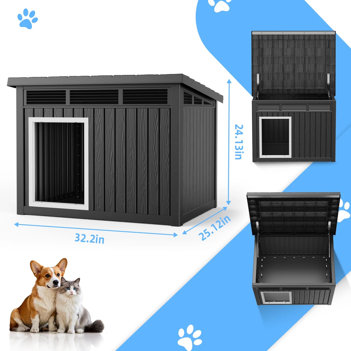 Give your dog a safe, weather‑proof retreat with this insulated resin dog house. The hydraulic‑rod roof opens smoothly for easy cleaning, while the slanted design keeps rain away and the interior stays warm and dry.