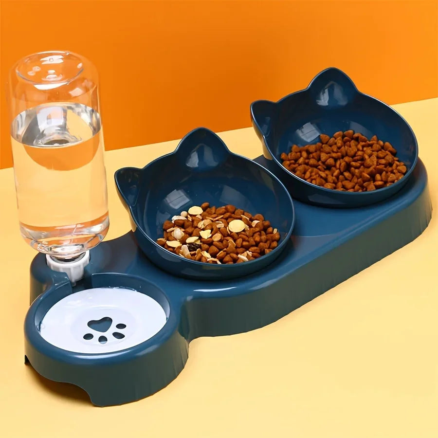 Pet Bowls With Water Feeder, 3 In 1 Design Tilted Cat Water and Food Bowl Set