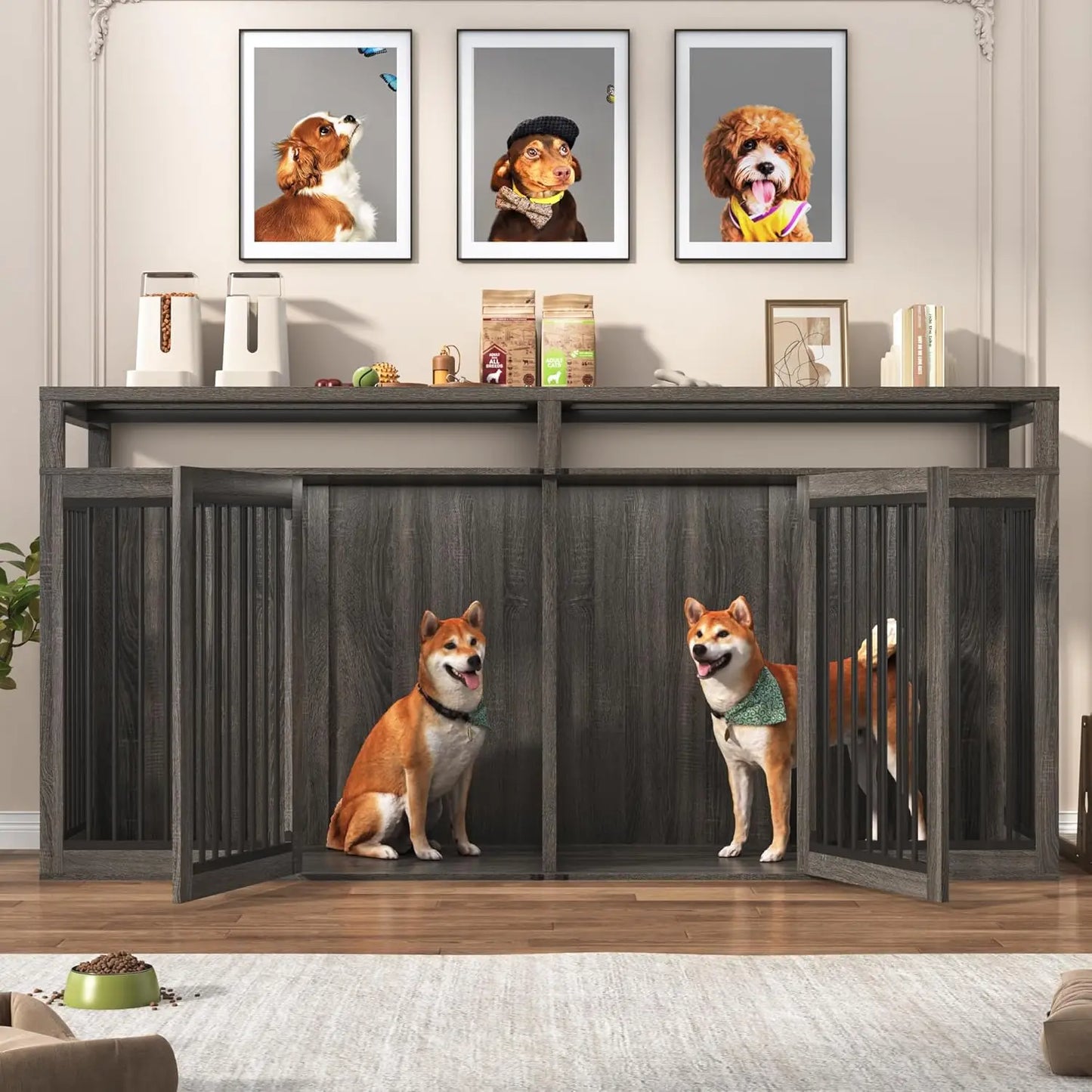 Bring farmhouse charm and heavy‑duty function into your home with this 87" wooden dog crate TV stand. Built for two large dogs, it features solid metal doors, a spacious dual‑kennel layout, and a sturdy furniture‑grade
