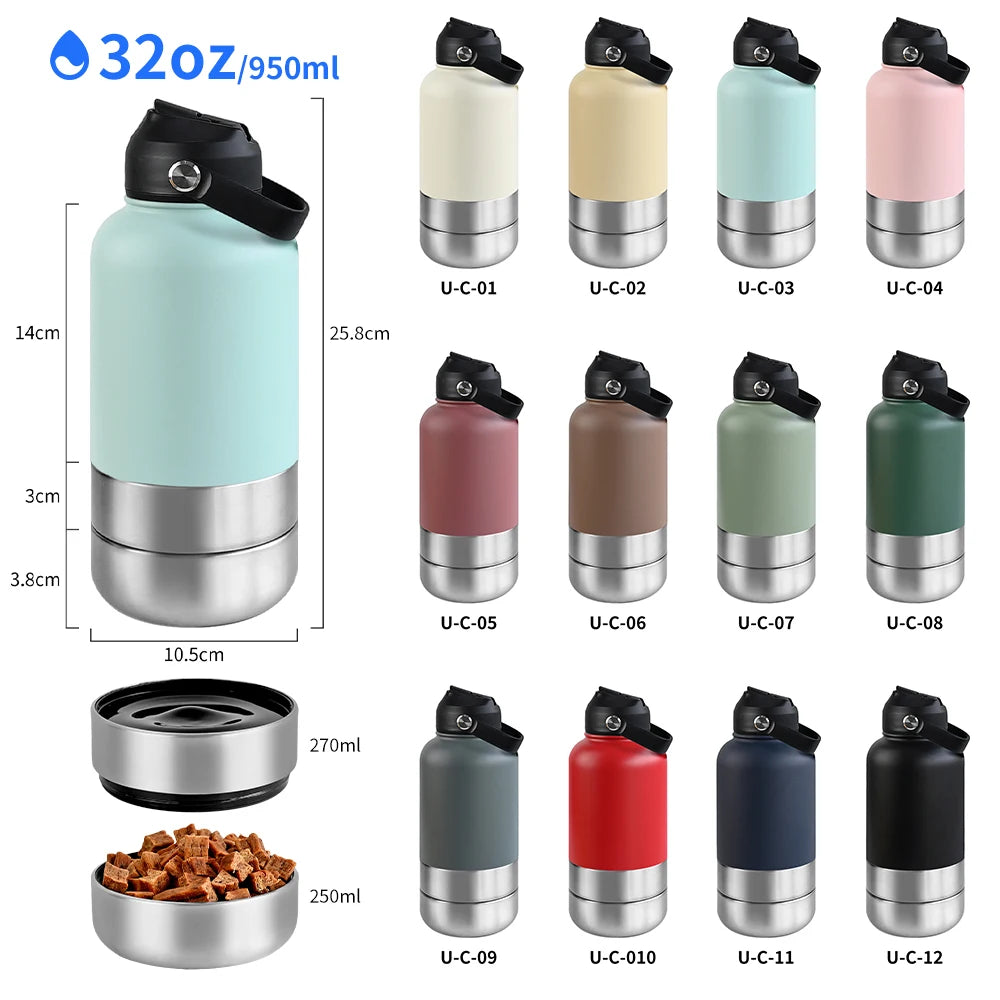 32Oz Portable 3 in 1 Pet Water Bottle Stainless Steel Pet Feeder Travel Outdoor