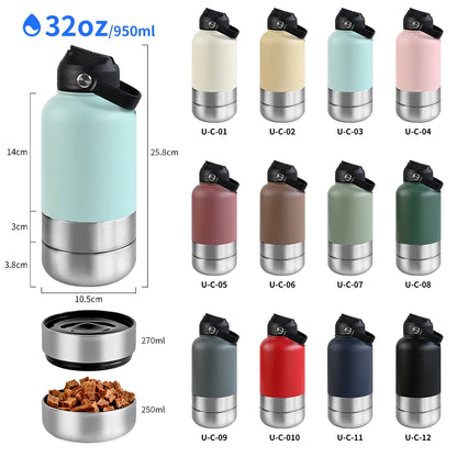 32Oz Portable 3 in 1 Pet Water Bottle Stainless Steel Pet Feeder Travel Outdoor
