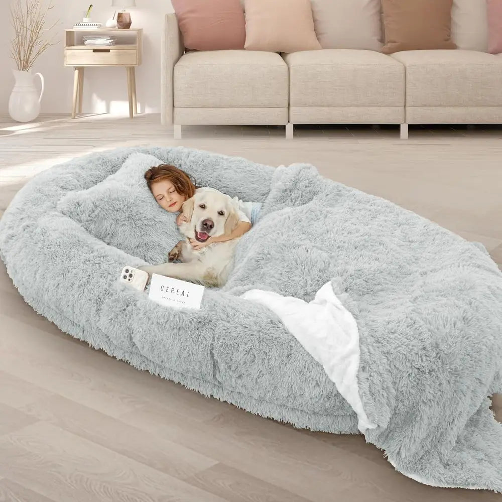 Oversized 71x45x12 Memory Foam Bed with Pillow, Blanket & Strap. Custom Grey Memory Foam Bed for Adults & Large Pets.