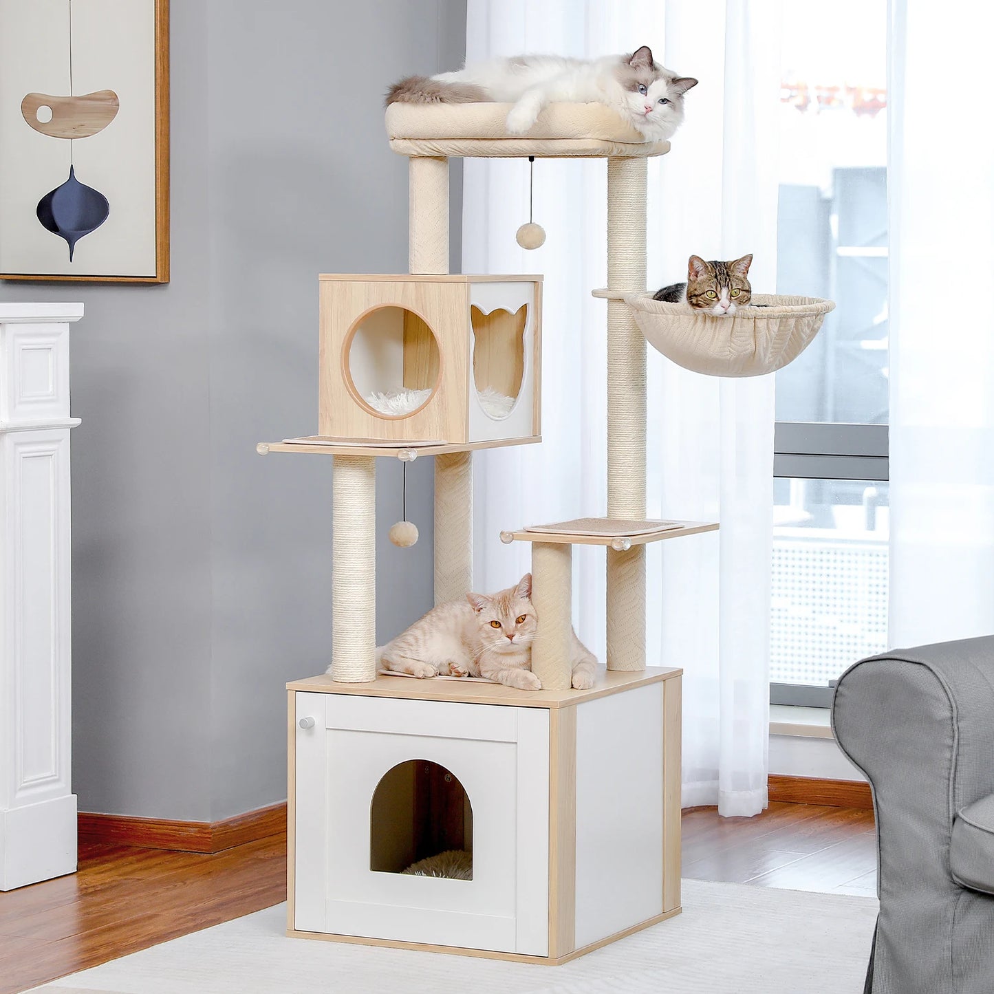 Stylish wood cat tower with scratching posts and cozy condo.