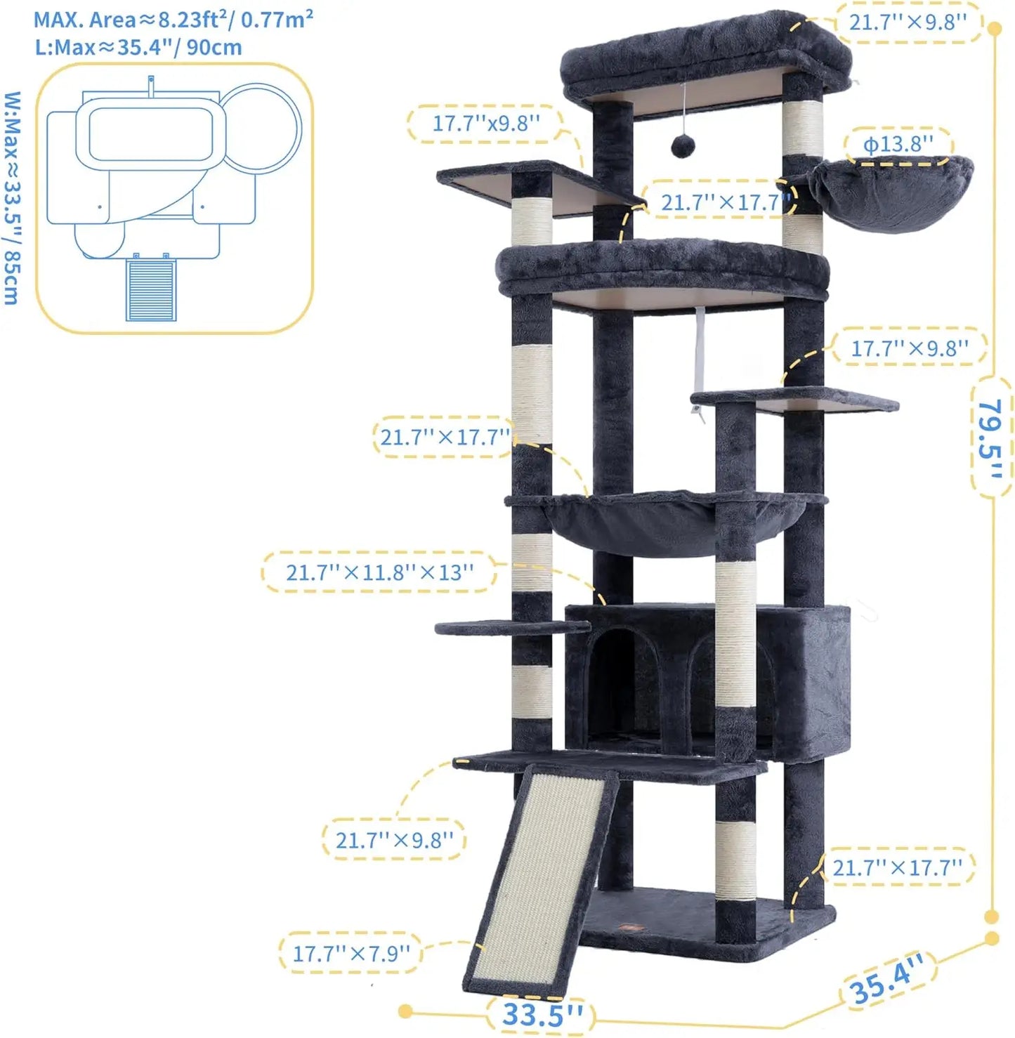 80‑Inch Large Cat Tower – Multi‑Level Cat Tree with Scratching Board & Plush Perches
