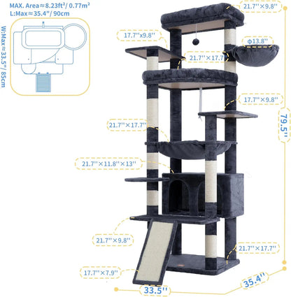 80‑Inch Large Cat Tower – Multi‑Level Cat Tree with Scratching Board & Plush Perches