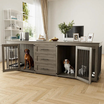 Upgrade your home with this 94.5" double‑kennel dog crate furniture — built for large dogs and designed to blend beautifully with your space. This heavy, premium wooden unit features two spacious kennels, four built‑in