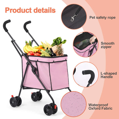 4‑Wheel Folding Shopping Trolley, 33‑Lb Capacity Dog & Puppy Travel Hand Cart with Rotating Wheels