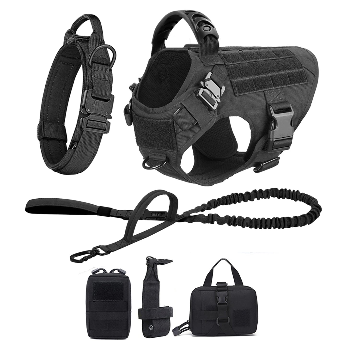 Train, walk, and handle your large dog with confidence using this durable harness and leash set. Designed for German Shepherds, Malinois, and other strong breeds, it offers secure control, a comfortable fit, and a sturdy coll