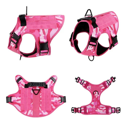 Service Dog Tactical Harness with Hook‑and‑Loop Panels, Military‑Style Pink Dog Harness with Patches.