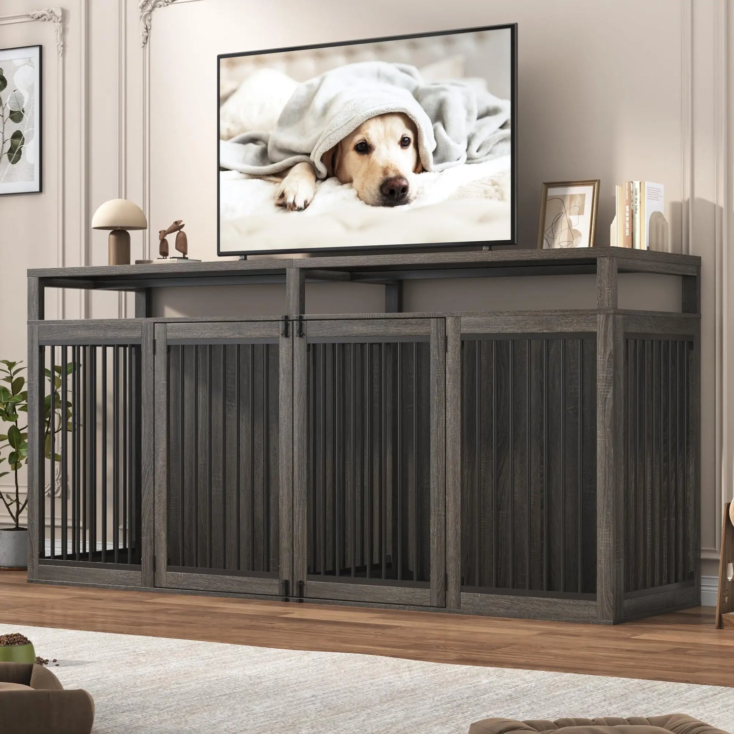Bring farmhouse charm and heavy‑duty function into your home with this 87" wooden dog crate TV stand. Built for two large dogs, it features solid metal doors, a spacious dual‑kennel layout, and a sturdy furniture‑grade