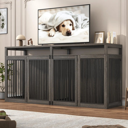 Bring farmhouse charm and heavy‑duty function into your home with this 87" wooden dog crate TV stand. Built for two large dogs, it features solid metal doors, a spacious dual‑kennel layout, and a sturdy furniture‑grade