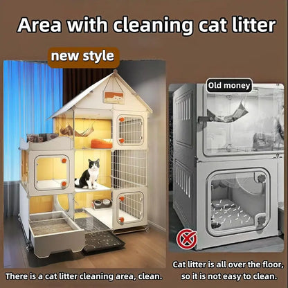 Mobile Indoor Cat House – Cat Cage with Litter Box, Wheels & Bonus Bed, Bowl and Teaser Wand