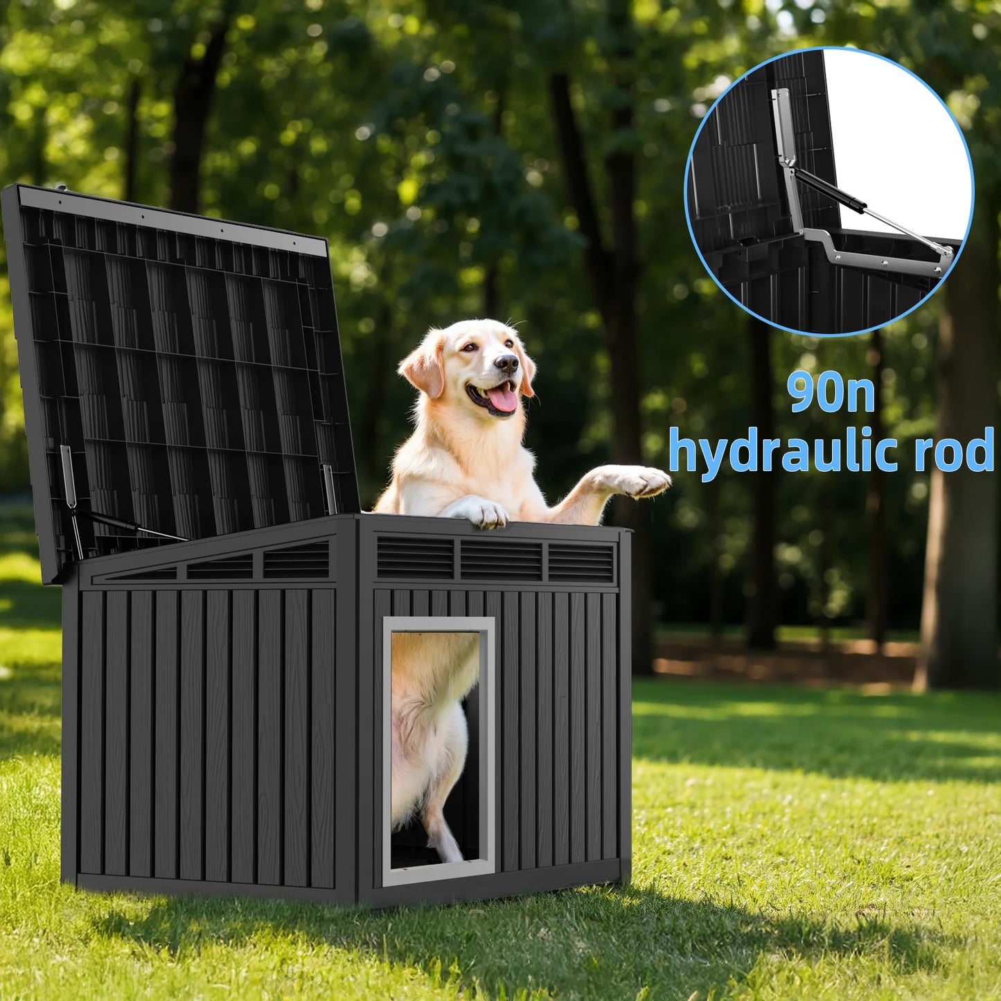 Give your dog a safe, weather‑proof retreat with this insulated resin dog house. The hydraulic‑rod roof opens smoothly for easy cleaning, while the slanted design keeps rain away and the interior stays warm and dry.