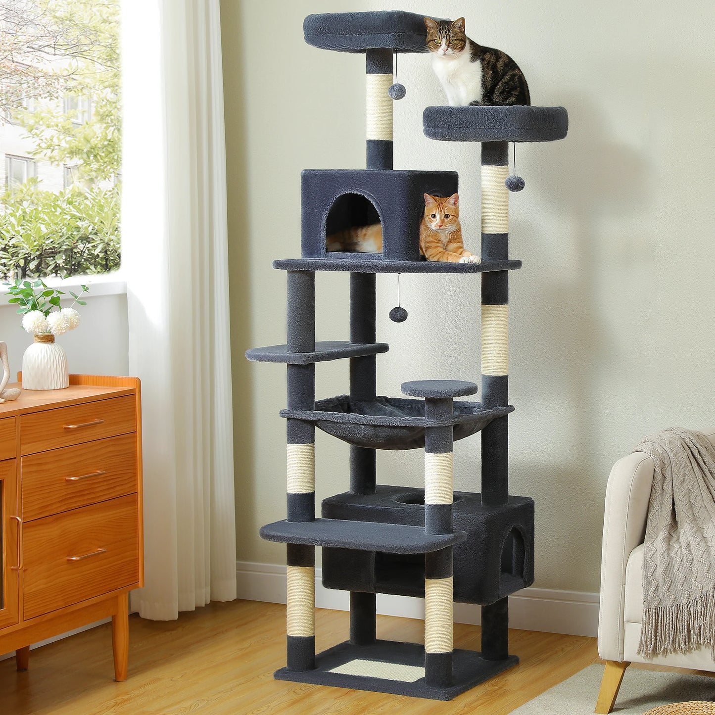 Sturdy Multi-Level Cat Tree Tower with Hammock, Condo & Perch