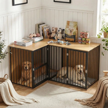 Upgrade your home with this large double dog crate furniture — a heavy‑duty wooden kennel that doubles as a stylish TV stand. Designed for two large breeds, it features an adjustable divider, spacious dual‑kennel layout