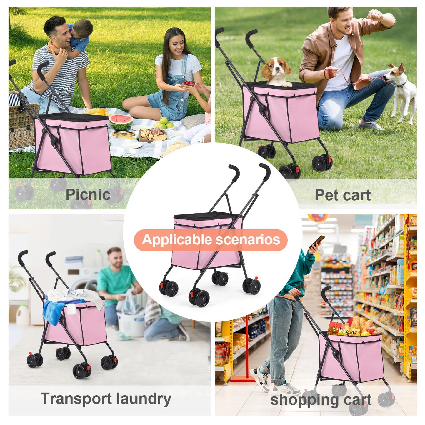 4‑Wheel Folding Shopping Trolley, 33‑Lb Capacity Dog & Puppy Travel Hand Cart with Rotating Wheels
