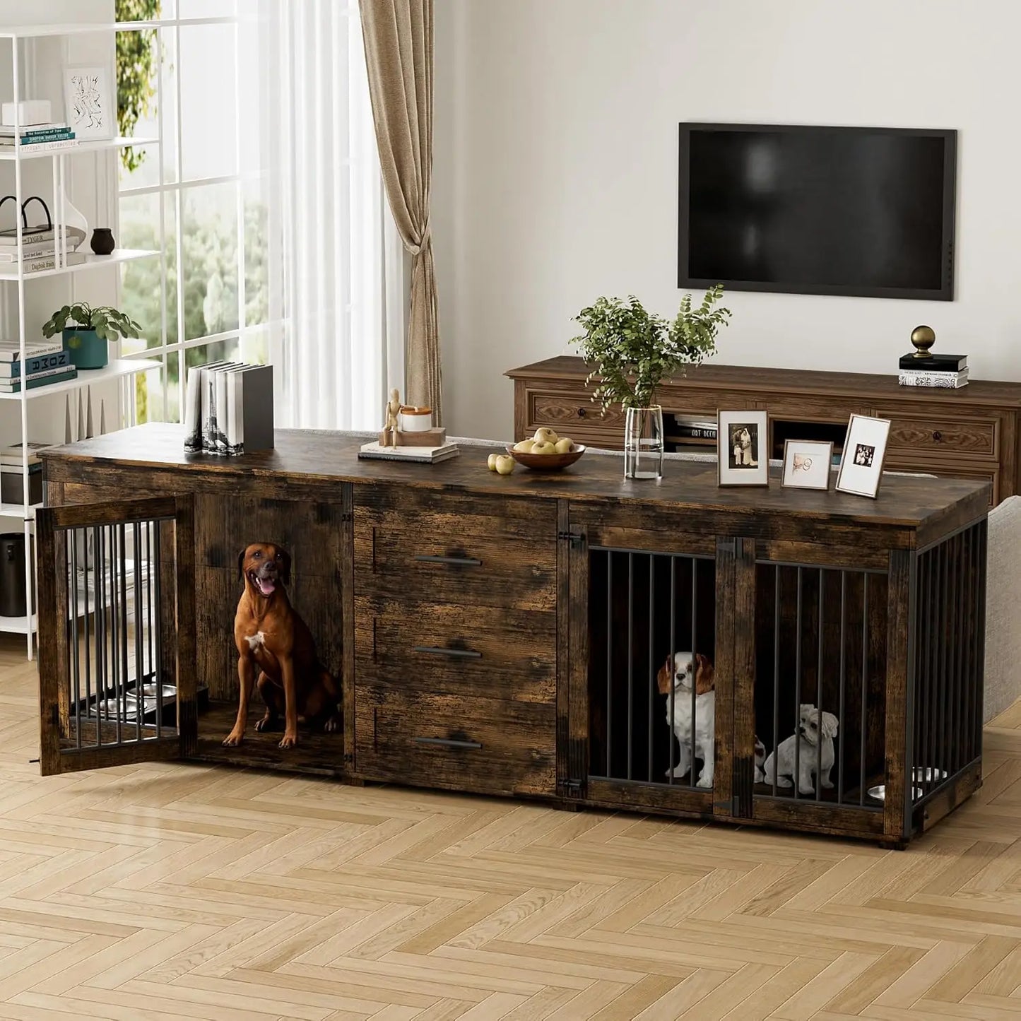 Upgrade your home with this 94.5" double‑kennel dog crate furniture — built for large dogs and designed to blend beautifully with your space. This heavy, premium wooden unit features two spacious kennels, four built‑in