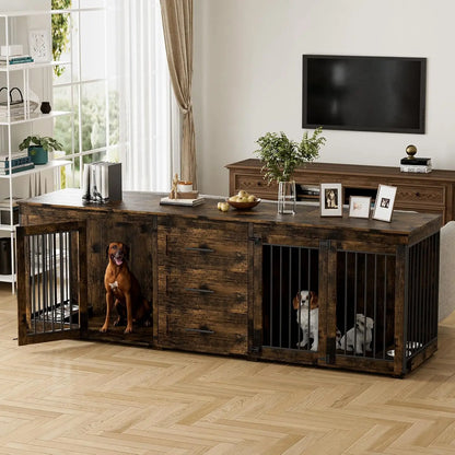 Upgrade your home with this 94.5" double‑kennel dog crate furniture — built for large dogs and designed to blend beautifully with your space. This heavy, premium wooden unit features two spacious kennels, four built‑in