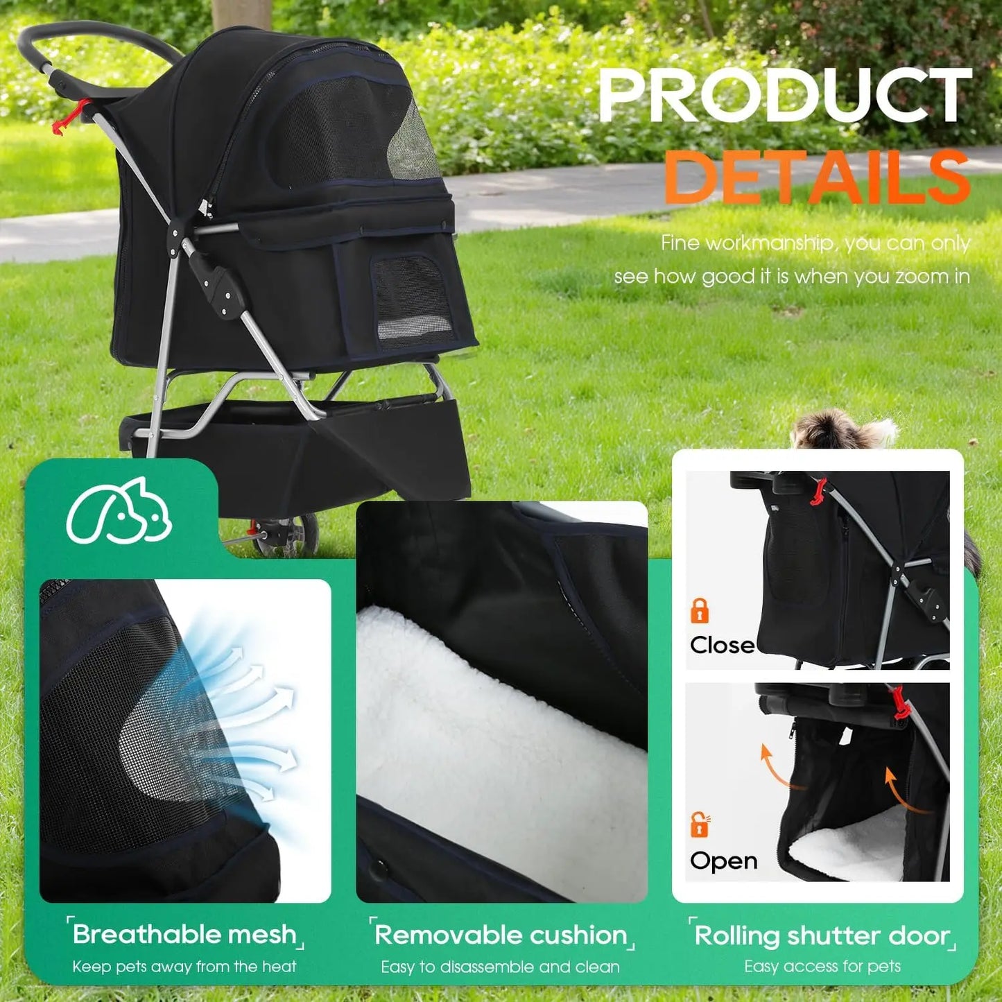 Pet Stroller with Mesh Windows & Storage