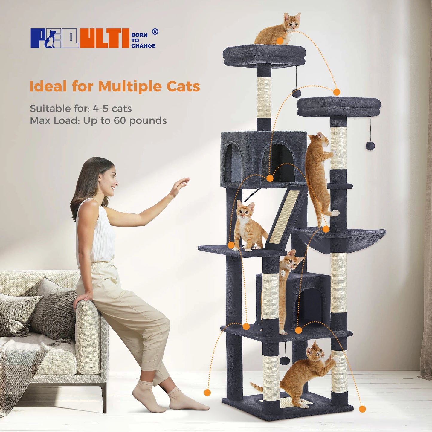 Sturdy Multi-Level Cat Tree Tower with Hammock, Condo & Perch
