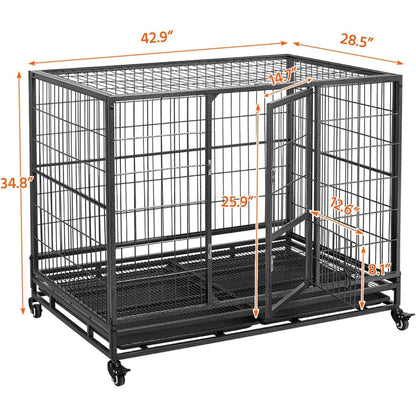 43'' Stackable Heavy Duty Metal Dog Crate Cage, 2 Tiers Escape Proof Dog Kennel w/Open Top, Lockable Wheels, Removable Tray for