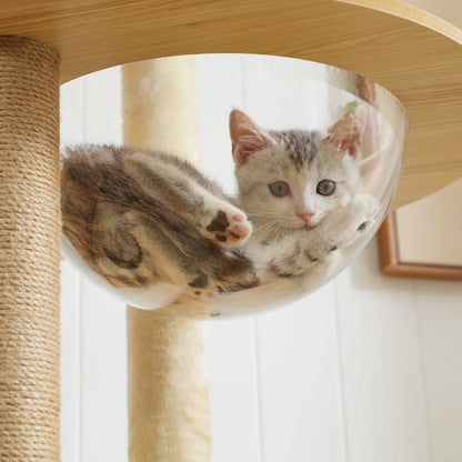 Stylish wood cat tower with scratching posts and cozy condo.