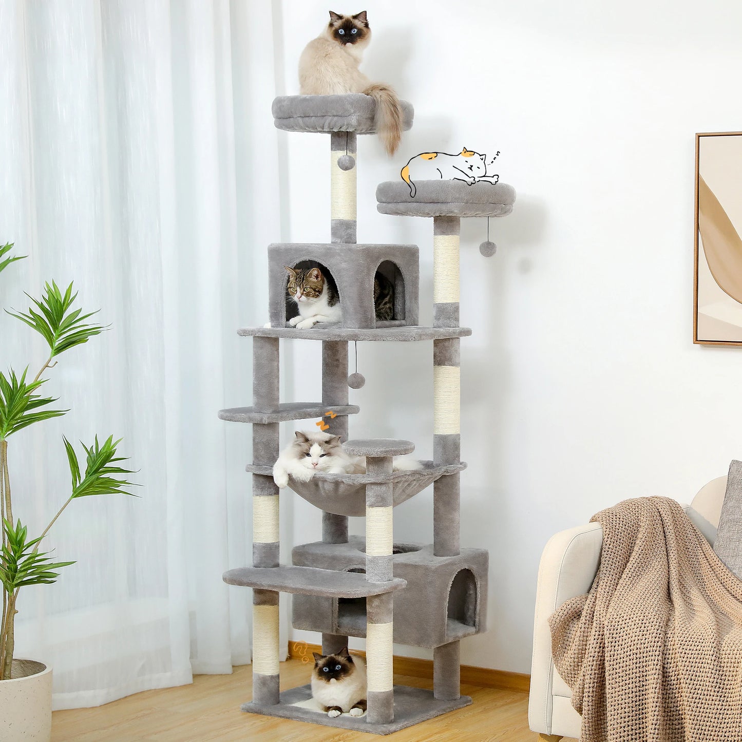 Sturdy Multi-Level Cat Tree Tower with Hammock, Condo & Perch