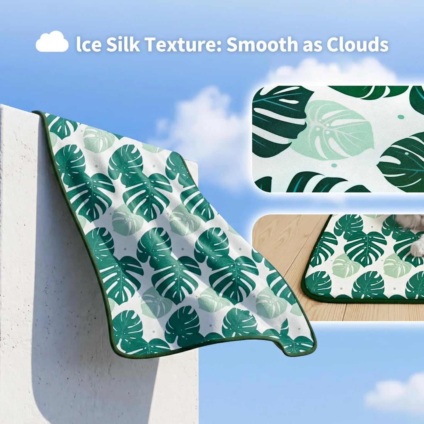 Keep your pet cool and comfy with this washable ice silk cooling blanket. Perfect for car seats, beds, and summer lounging. Lightweight, portable, and designed in a fresh green leaf pattern for stylish heat relief.