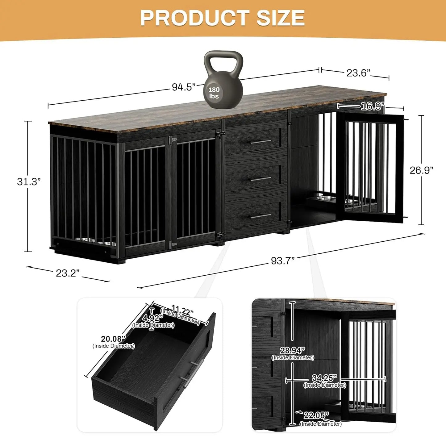 Upgrade your home with this 94.5" double‑kennel dog crate furniture — built for large dogs and designed to blend beautifully with your space. This heavy, premium wooden unit features two spacious kennels, four built‑in
